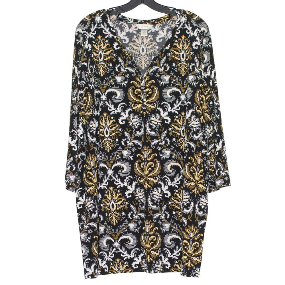 CJ Banks Tunic Top Plus Size 3X 3/4 Sleeve Stretch Black Boho Baroque Flowy Work